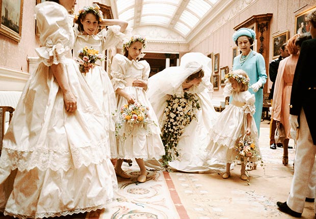 Princess Diana is photographed on her wedding day with Queen Eli